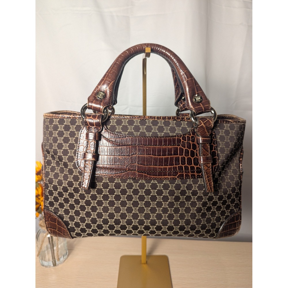 Celine Macadam Boogie Bag Brown Crocodile Embossed Leather Canvas Handbag COA
